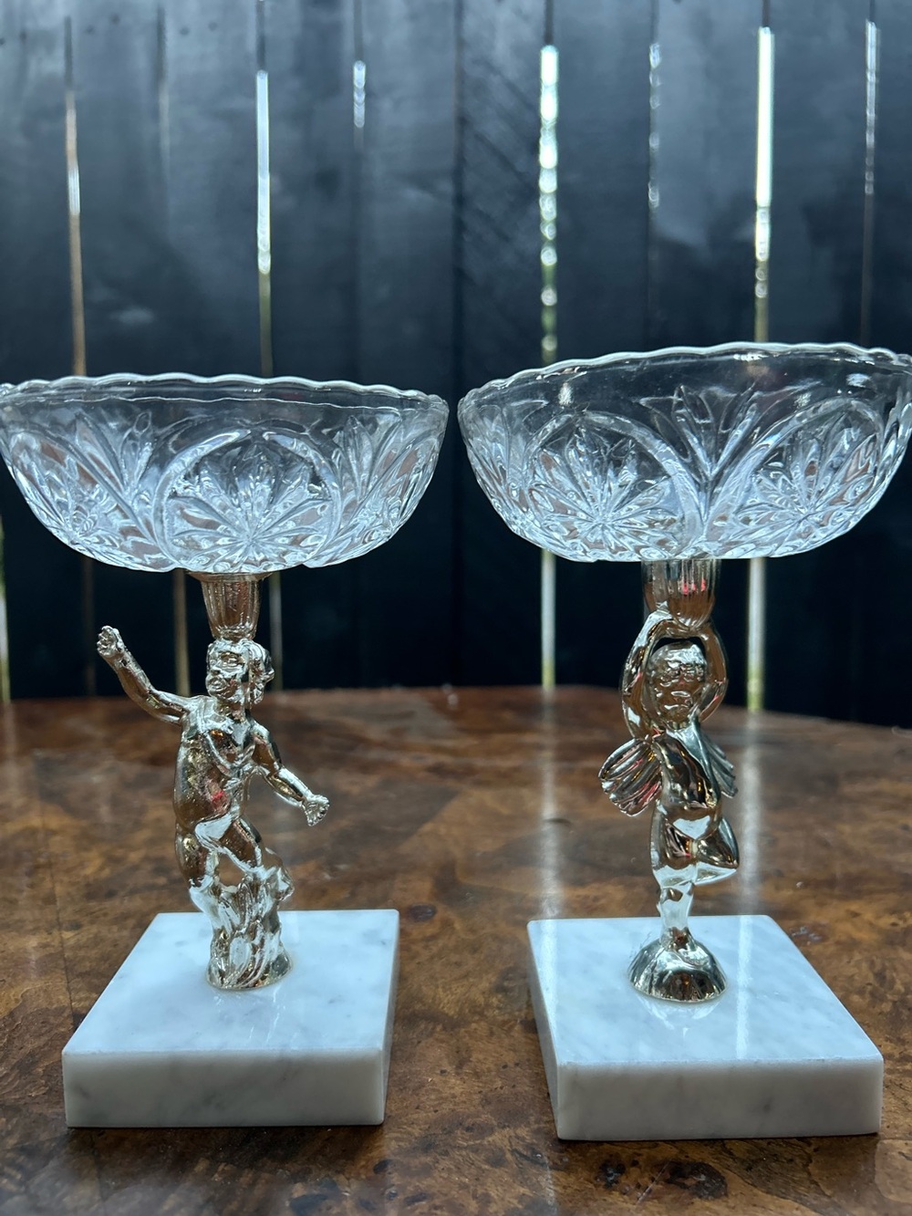 vintage Baroque-style cherub pedestal dish with a cut glass bowl at top set